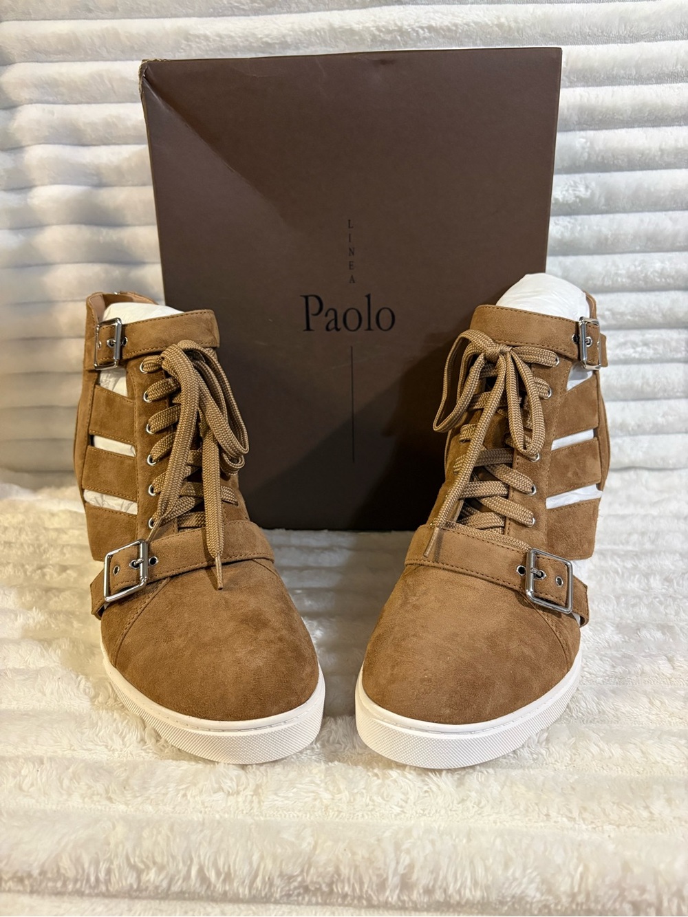 Linea Paolo Tan Kid Suede High-Top Lace-Up Sneakers with Buckles 11M
